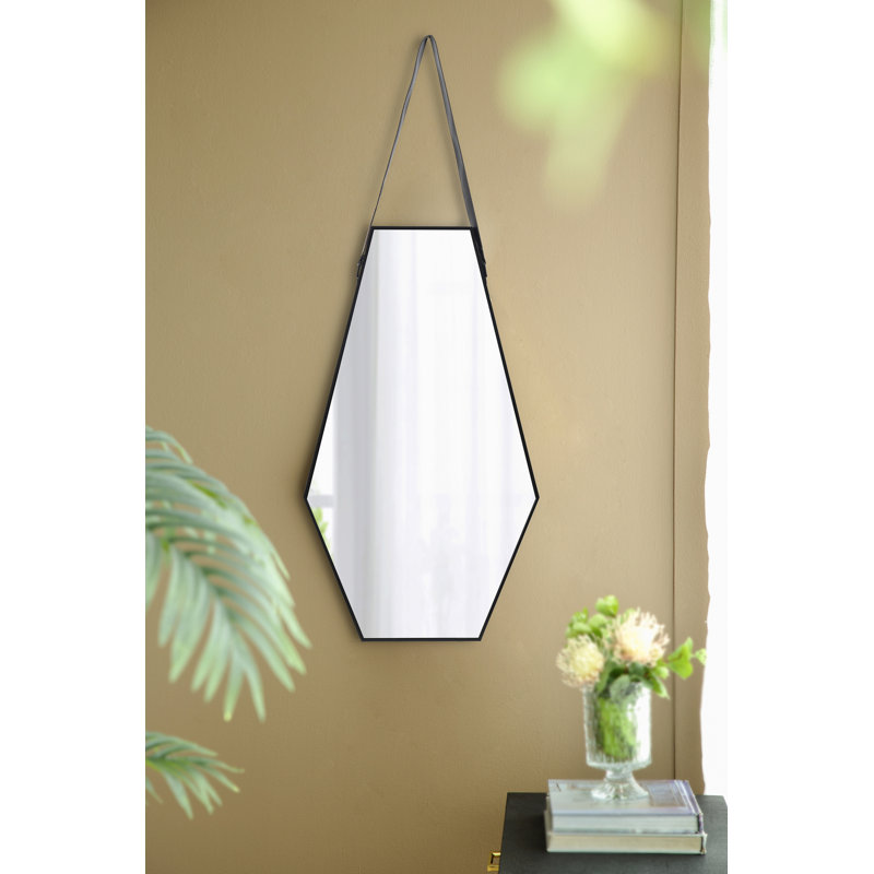 31” x 18” Hexagonal Wall Mirror with Leather Strap Hanger, Art Deco Accent Mirror