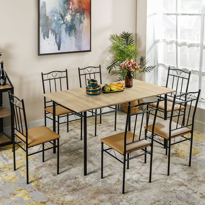 Ensemble de salle à manger 7 pièces avec table d'appoint en bois et chaises rembourrées, Chêne / chêne