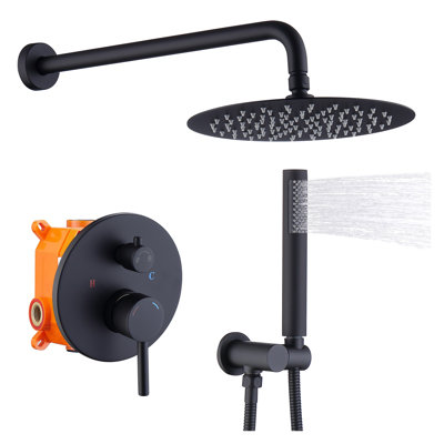 Matte Black Wall Mounted Shower System with 10 Inch Rainfall Shower Head and Handheld Faucet, Brass Valve Rough-In Combo Set