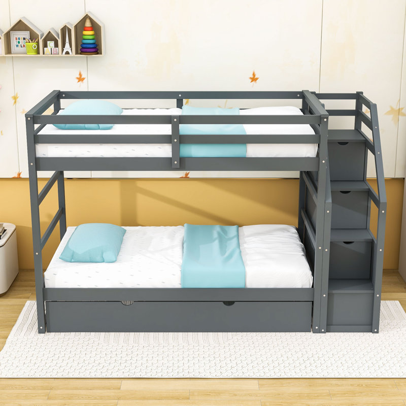 Twin Over Twin Wood Bunk Bed With Twin Trundle, Storage Staircase And Guardrails, Gray