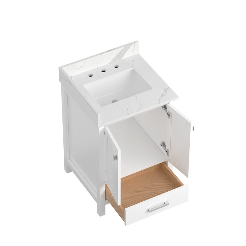 Ensemble de meuble-lavabo en bois massif 24 po avec comptoir en pierre de quartz et dosseret, White, Brushed Nickel