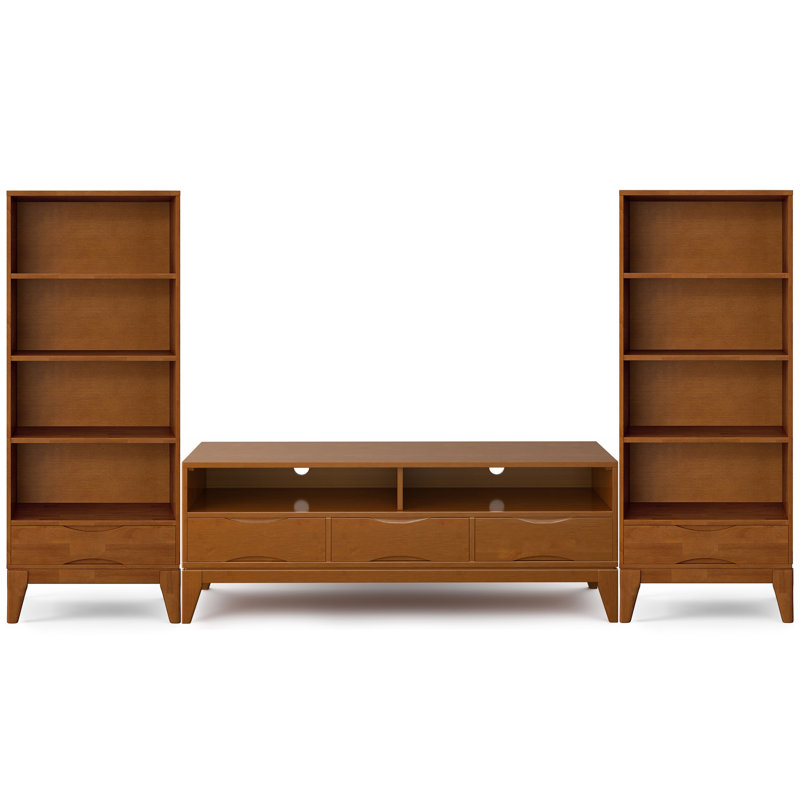 Harper Solid Hardwood Mid Century Modern 60 Inch Wide Tv Stand With Two 24 Inch Wide Bookcases In Teak Brown (set Of 3)