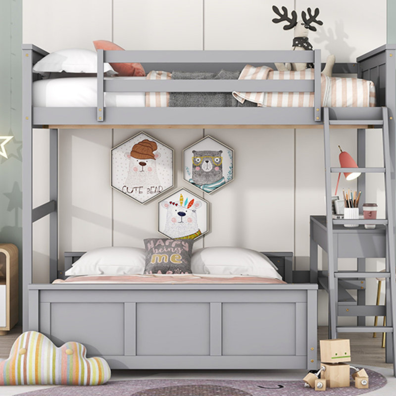 Lit double superposé au dessus d'un lit double avec bureau, gris
