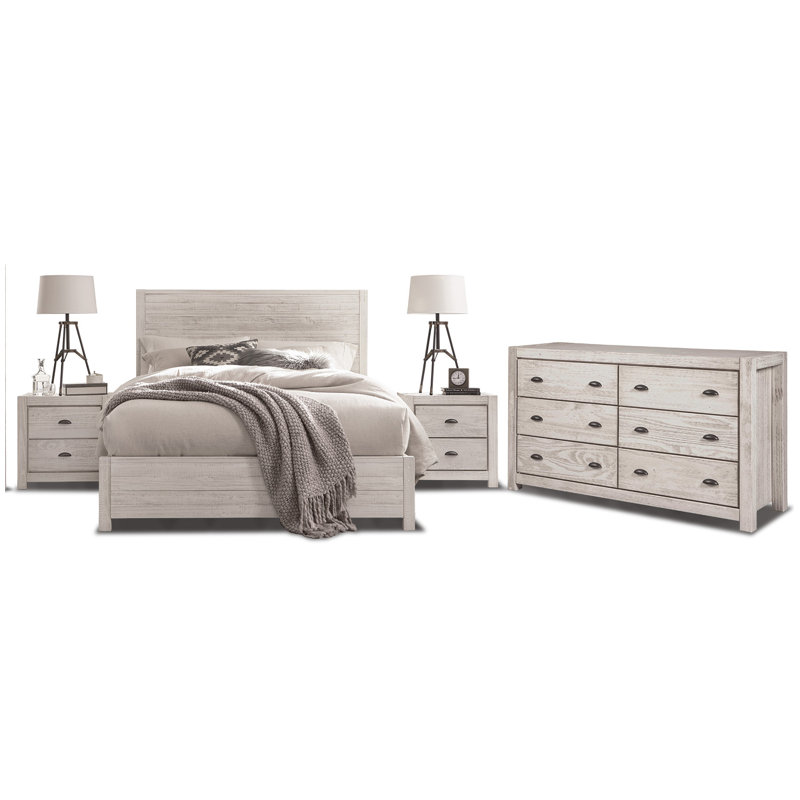 Montauk Bedroom Set, Rustic Off-White, Queen, 4 Pcs: Bed, 2 Nightstands, Dresser