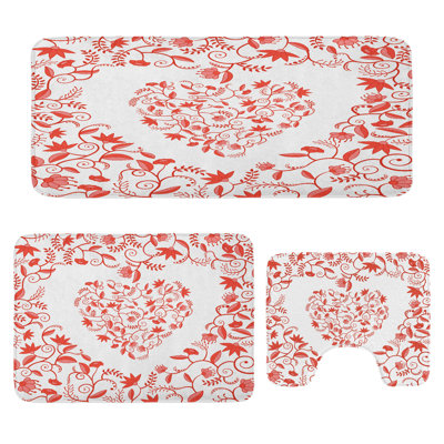 Valentines Day Bathroom Rug Set 3 Pieces U-Shape & Rectangle Mats Red