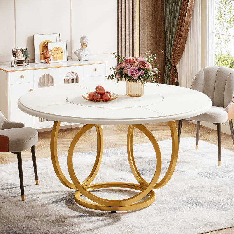 Round Metal Base Dining Table, White, Gold