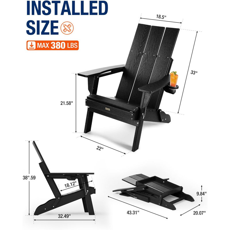 Chaise Adirondack, chaise Adirondack surdimensionnée en PEHD pliable avec porte-gobelet, Noir
