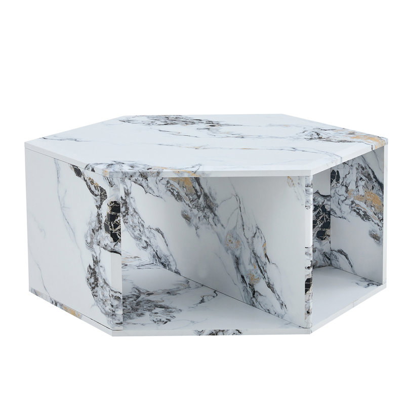 Hexagonal MDF Coffee Table, White Marbl Pattern Stickers, Multi-Hole Design To Give More Storage Space, Simple And Convenient Design Makes It Suitable For All Kinds Of Style Scenes. 25*21.6