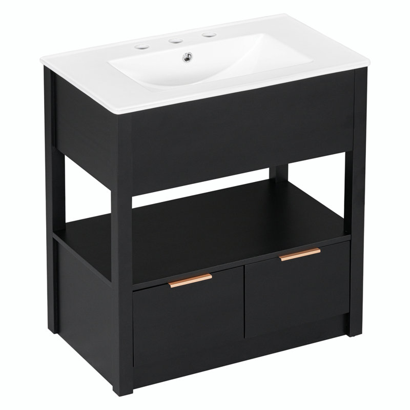 Skegness 30'' Single Bathroom Vanity with Ceramic Top, Black, Gold