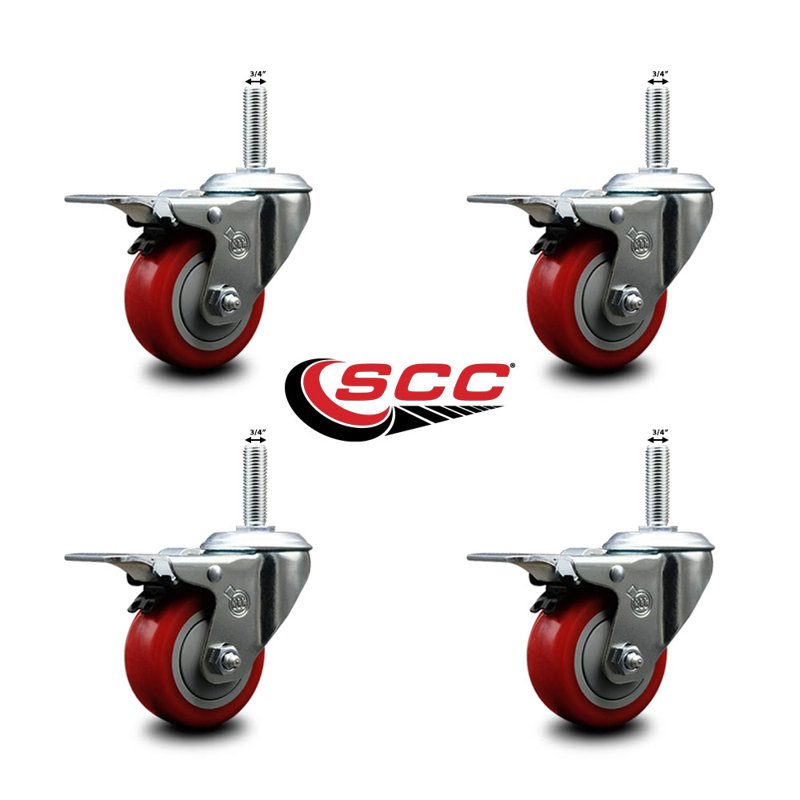 Poly Swivel 3/4 Inch Threaded Stem Caster Set with Total Lock Brake