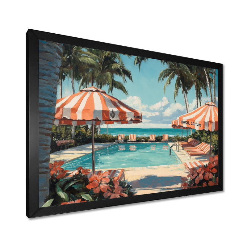 Palmiers au bord de la piscine à Miami - Toile tropicale tropicale encadrée, H 30 po x l 40 po, Cadre photo noir