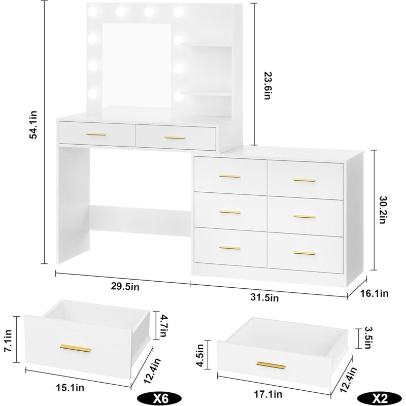 61" Make Up Vanity Desk with Mirror and Lights, Vanity with 8 Wide Storage Drawers & 2 Tier Shelves, 3 Lighting Modes with Adjustable Brightness, Vanity Desk for Bedroom