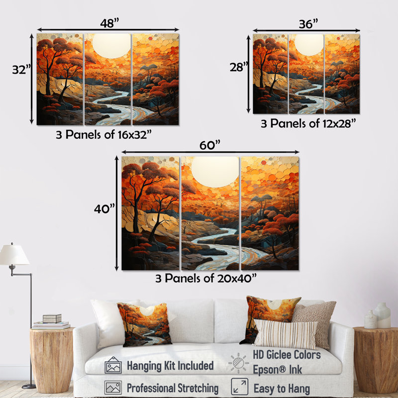 Orange Sunset Abstract Landscape Stream I - Art abstrait paysage mural, Toile tendue, H 28 po x l 36 po x P 1 po
