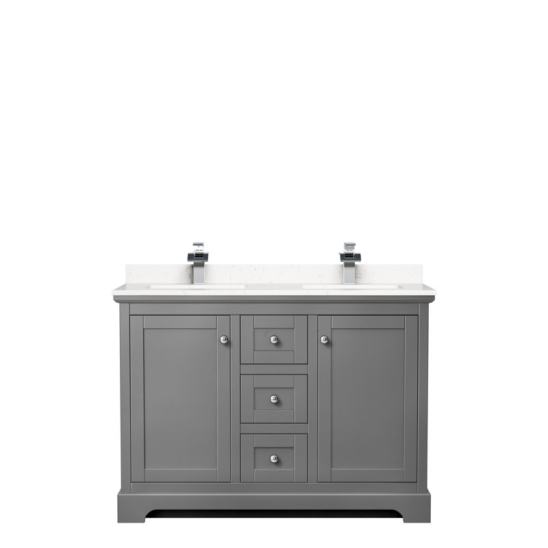 Ensemble de meuble-lavabo double 48 po Avery, Gris foncé, Marbre de culture de Carrare veiné clair, Chrome poli