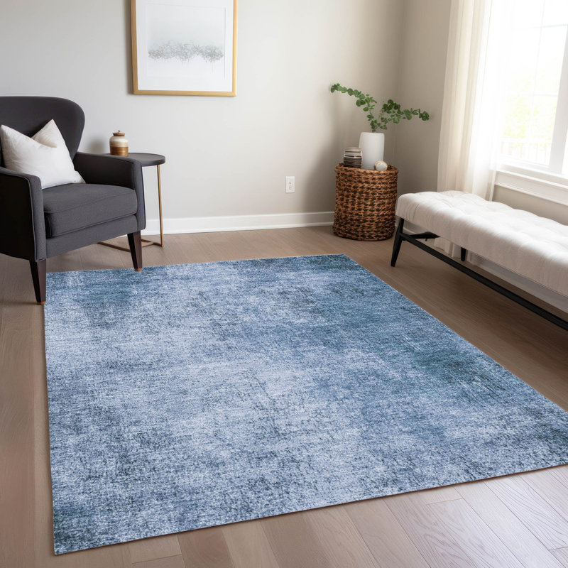 Tapis bleu intérieur / extérieur lavable à la machine Xhevrie, Rectangle 2 pi 6 po x 3 pi 10 po