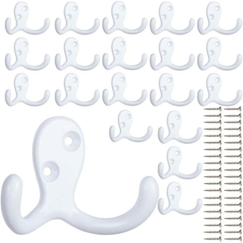 Paquet de 20 crochets à manteaux robustes fixés au mur avec 40 vis crochets muraux crochets à double branches rétro pour manteau, écharpe, sac, serviette, clé, capuchon, tasse, chapeau