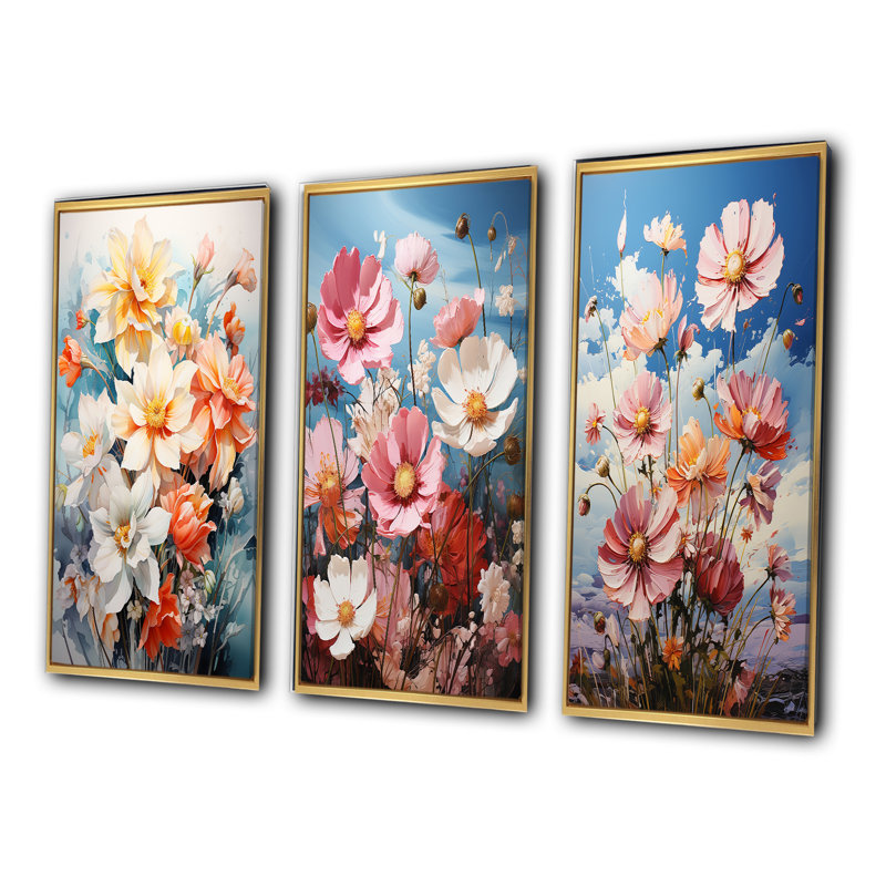 «Meadow Daffodil Dance», 3 pièces sur toile, Cadre flottant doré, H 20 po x l 36 po