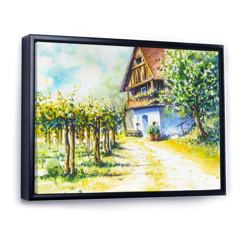 Maison près du vignoble - Peinture sur toile, H 31 po x l 41 po, Cadre noir