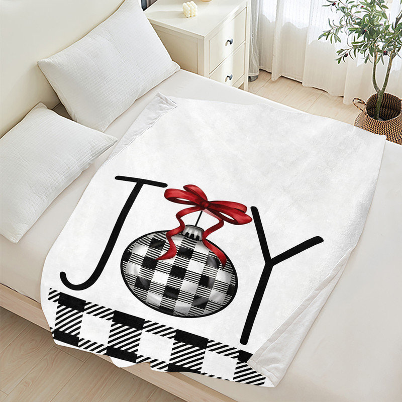 Plaid de Noël en flanelle polaire JYK, léger, respirant, doux et chaud en microfibre pelucheuse, 127 x 152 cm, ruban décoratif « Joy ».