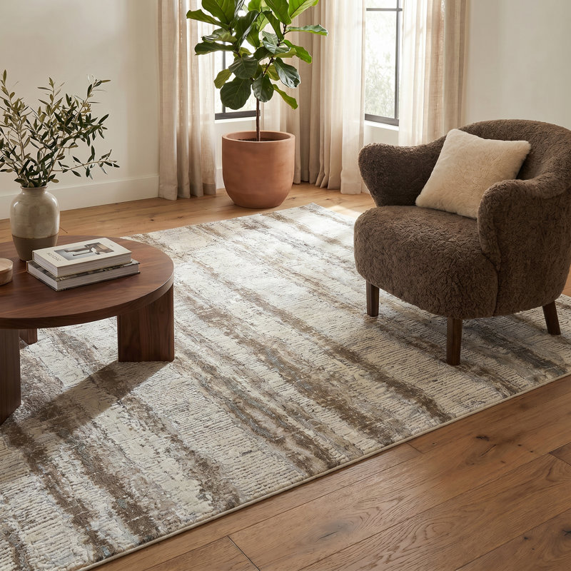 Rug Branch Elva 7' x 10' (6'7" x 9'6") Beige/Brown Striped Indoor Area Rug, Contemporary, Medium Pile, Stain-Resistant Carpet - Living Room, Bedroom, Dining Room, and Kitchen