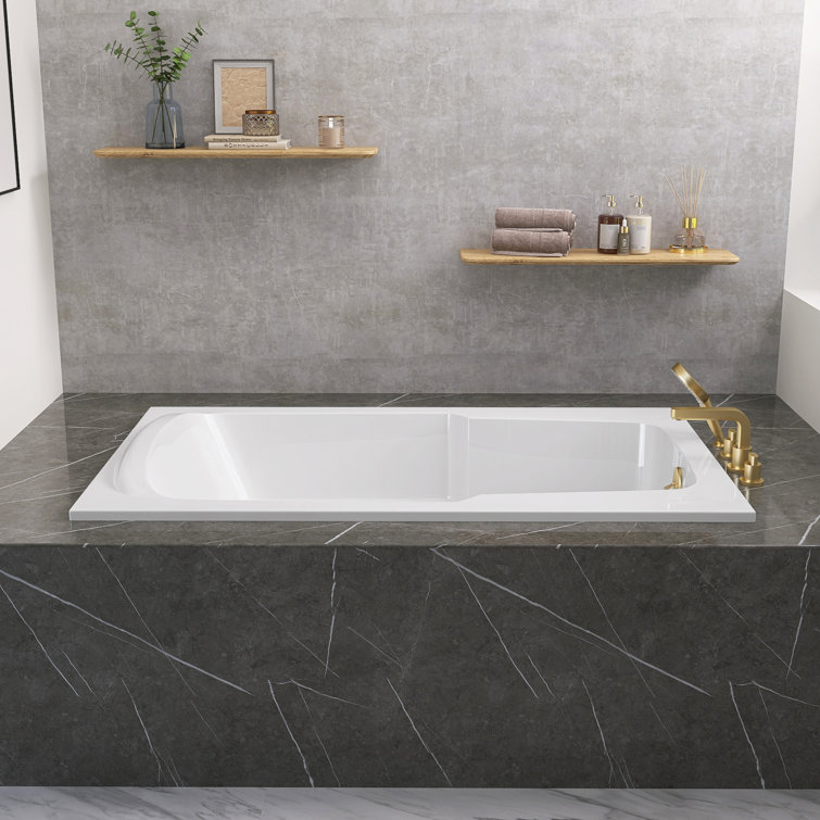 60" W X 36'' D Alcove Rectangular Bathtub Drop-In Soaking Tub 3-Wall Acrylic White Bathroom Tub With Reversible Installation & Built-In Armrest