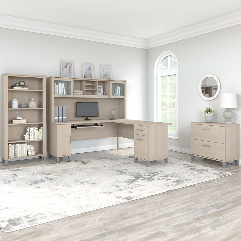 Ensemble de bureau d'ordinateur en L avec huche Magomed, Chêne sable