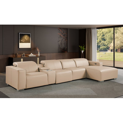 Beige Right-Facing 5-Piece L-Shaped Sectional in Genuine Leather with 3 Power Recliner & Adjustable Headrests