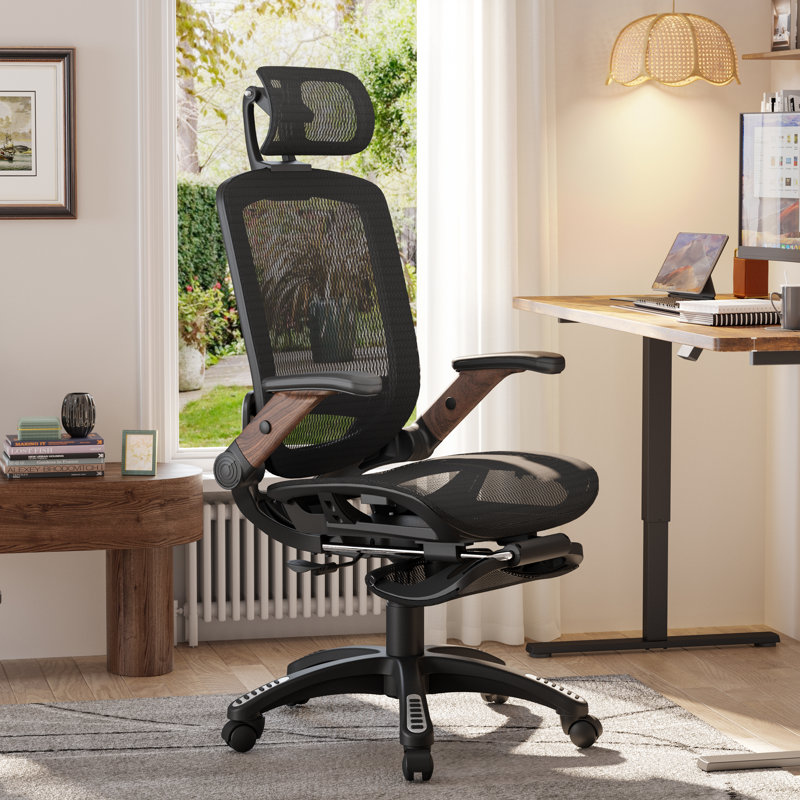 Niccoli Modern Ergonomic High-Back Mesh Home Office Chair with Flip-Up Arms, Footrest, and Wood-Grain Accents