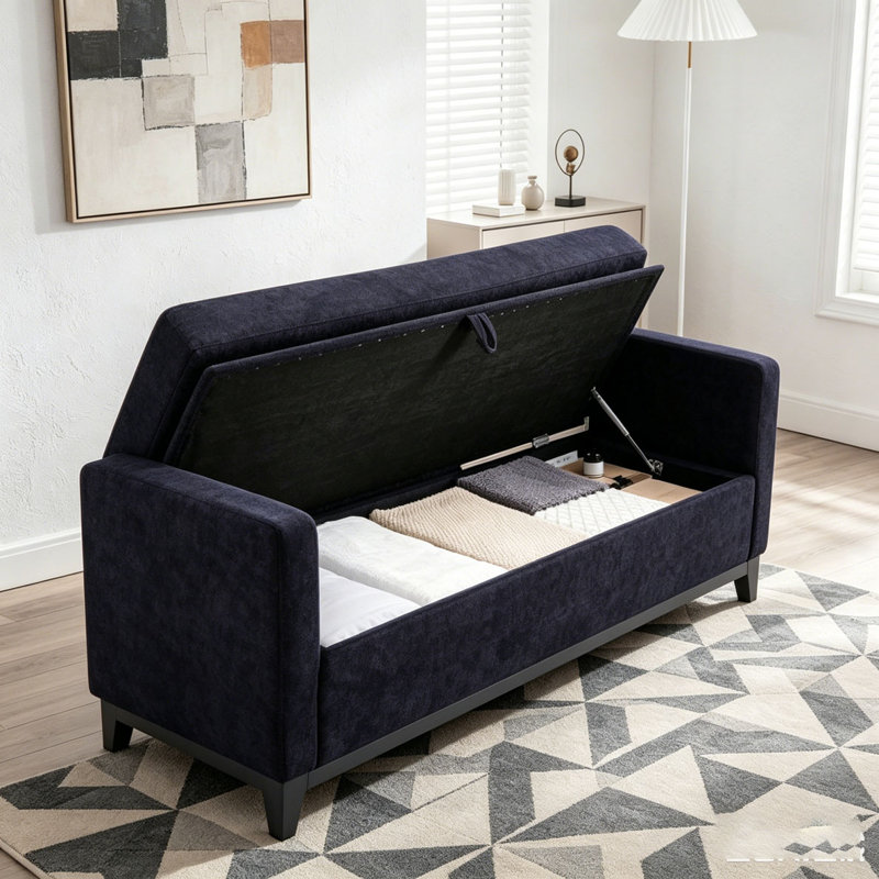 Solid Wood Upholstered Bench, 66 Inch+Storage, Black