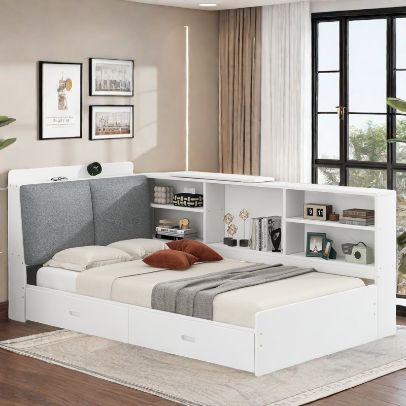 Preslei  Daybed With Upholstered And Storage Headboard, Rotatable Board, Storage Shelves And 2 Drawers, White