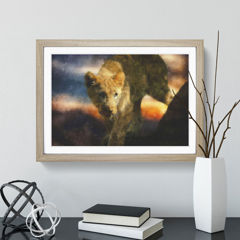 Lion Cub - Picture Frame Graphic Art, Oak Framed, 27cm H x 36cm W x 2cm D