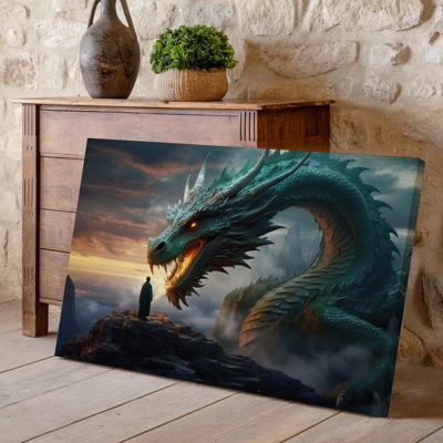Toile, "Un majestueux dragon antique avec des écailles d'émeraude chatoyantes et un feu d'art mural, des yeux orange sur une figure solitaire
