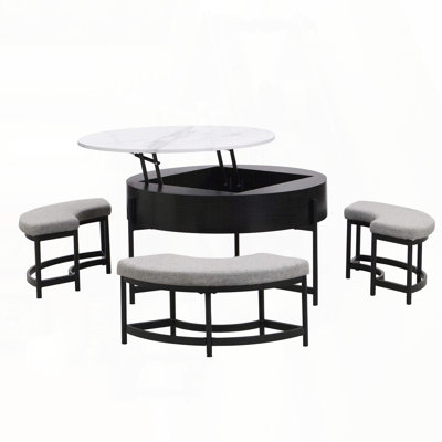 Round Lift-Top Coffee Table Set with 3 Ottomans – White & Black