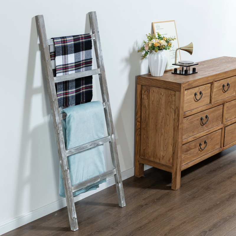 54-Inch Whitewashed Wood Blanket Ladder – Fully Assembled 5-Tier Wall-Leaning Towel Rack for Living Room or Bathroom
