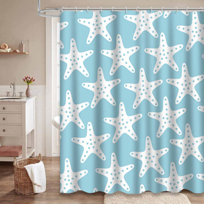 Waterproof Flat Ocean Beach Underwater Starfish Marine Shower Curtain with 12 Hooks