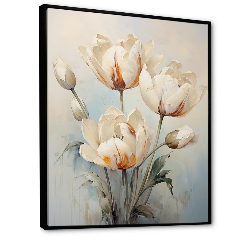 Minimalisme, symphonie de tulipes beiges sur toile, Cadre flottant noir, H 32 po x l 24 po x P 1 po