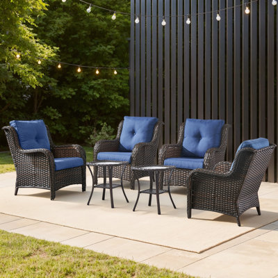 Ensemble de patio d'extérieur en osier 6 pièces Wendye - 4 chaises et 2 tables d'appoint, toutes saisons pour terrasse, jardin, piscine