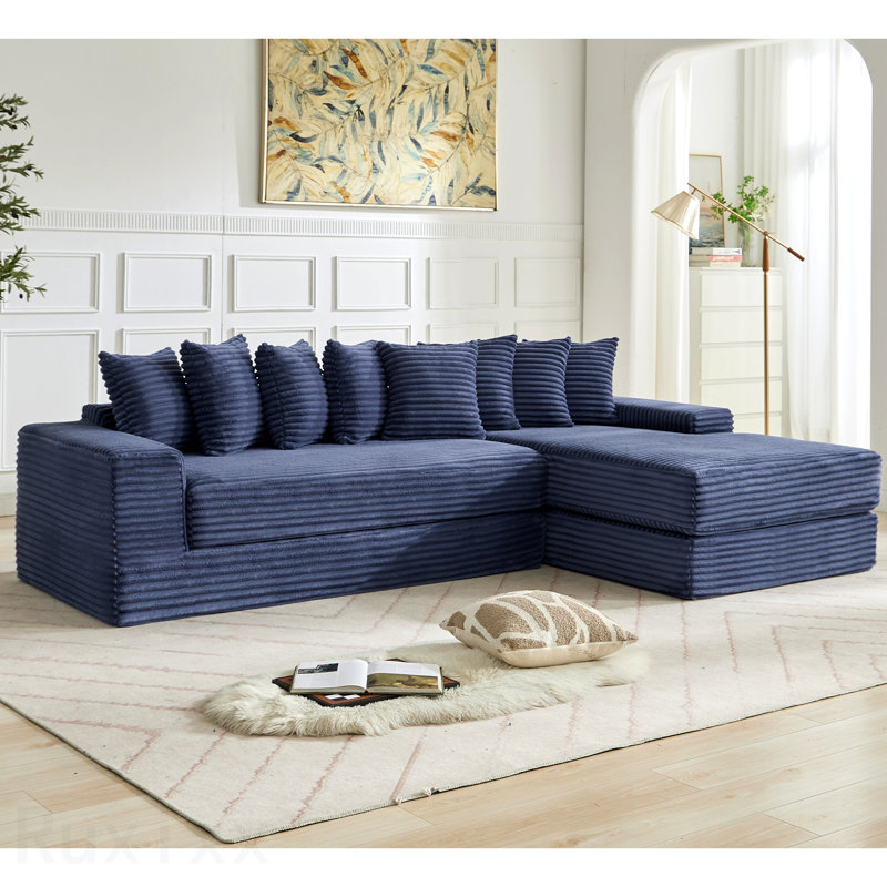 Canapé modulaire surdimensionné en nuage, canapé en L, canapé-lit convertible au sol, sans assemblage, huit coussins, sac à magazines 3 en 1, velours côtelé, bleu