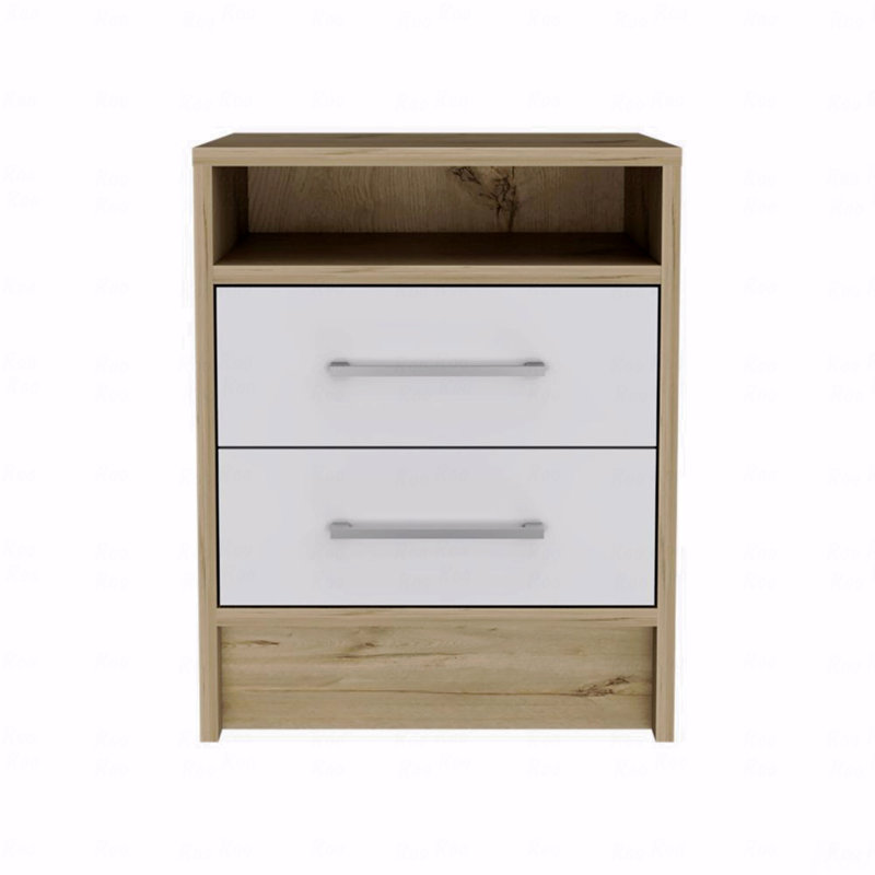 Table de chevet, table de bout, plateau de table d'appoint, deux tiroirs - blanc / chêne clair, Brun