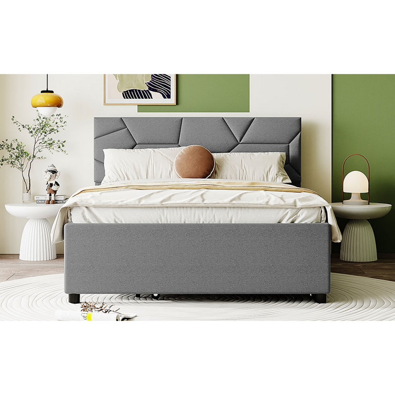 Lit plateforme tapissier avec tête de lit et lit gigogne à motif brique, Gris