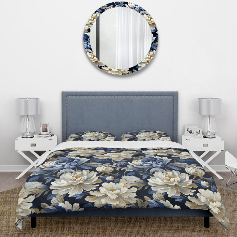 Ensemble de housse de couette en damas blanc et bleu Zen Damask Harmony, Housse de couette pour très grand lit et 2 très