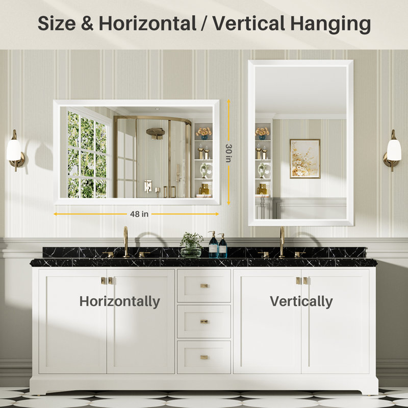 Miroirs de salle de bain modernes et contemporains en métal biseauté rectangulaire / carré avec verre trempé HD, Blanc