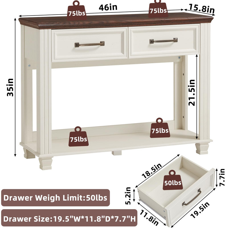 Farmhouse 46" Console Table with 2 Drawers, Rustic Wood 2 Tier Entryway Table with Open Storage Shelf for Entry, Large Mid-Century Vintage Sofa Tables Behind Couch for Living Room (White)
