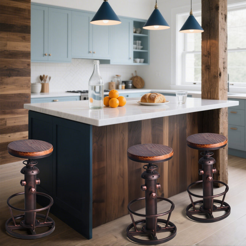 Set Of 3 Antique Industrial Round Bottom Adjustable Height Cafe Coffee Retro Vintage Stylish Water Pipe Design Pub Kitchen Bar Stool