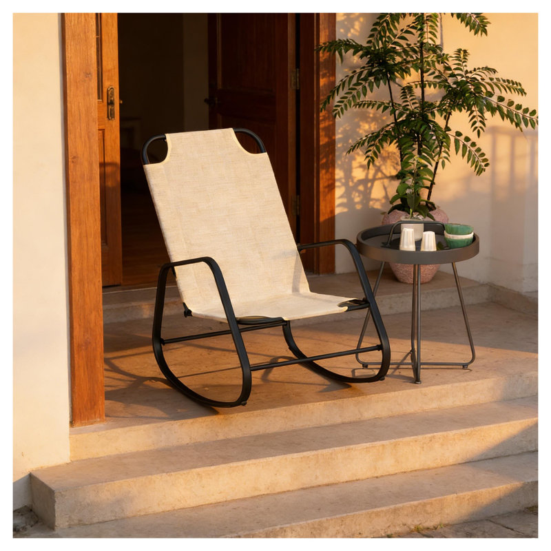 Chaise berçante d'extérieur en tissu brun clair avec structure en acier