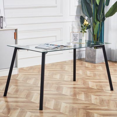 Table de salle à manger rectangulaire moderne en verre pour 4 à 6 personnes avec plateau en verre trempé de 0,31 po et pieds en métal avec revêtement noir, bureau de table d'écriture, pour salle à manger de cuisine, l 51 po x P 31 po x H 30 po