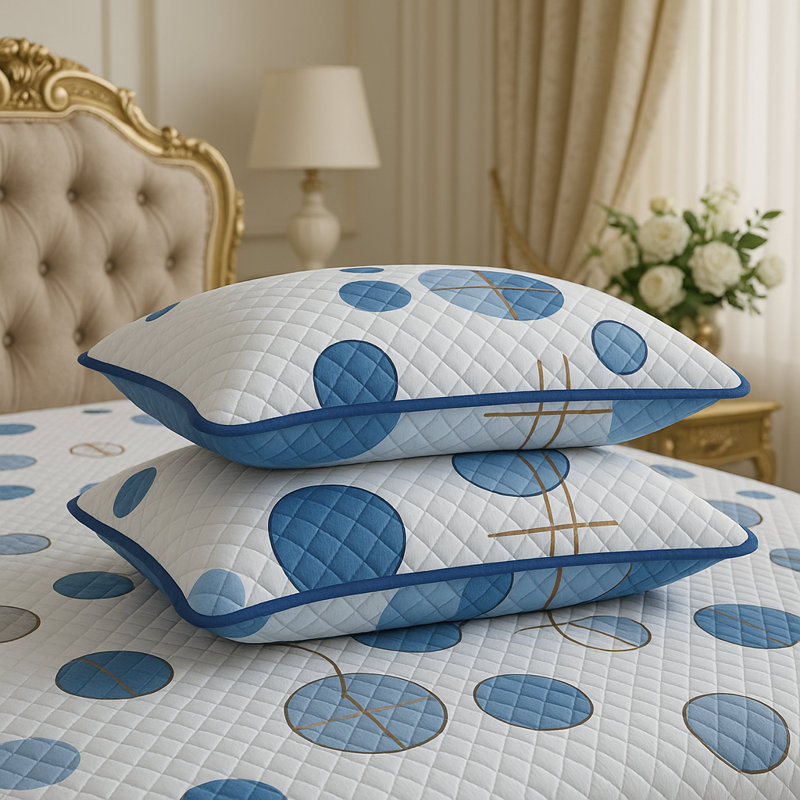 Cotton Blend Geometric Shapes Quilt, White/Blue, Queen Quilt + 2 Shams