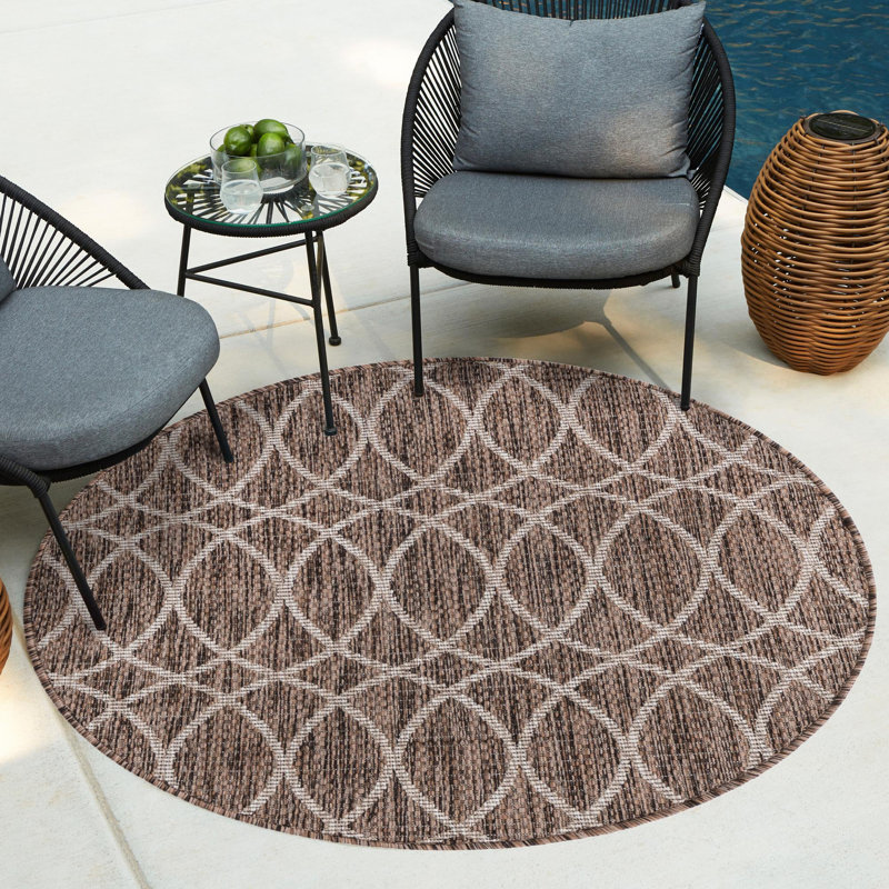 Tapis intérieur / extérieur géométrique brun, Rond 10 pi
