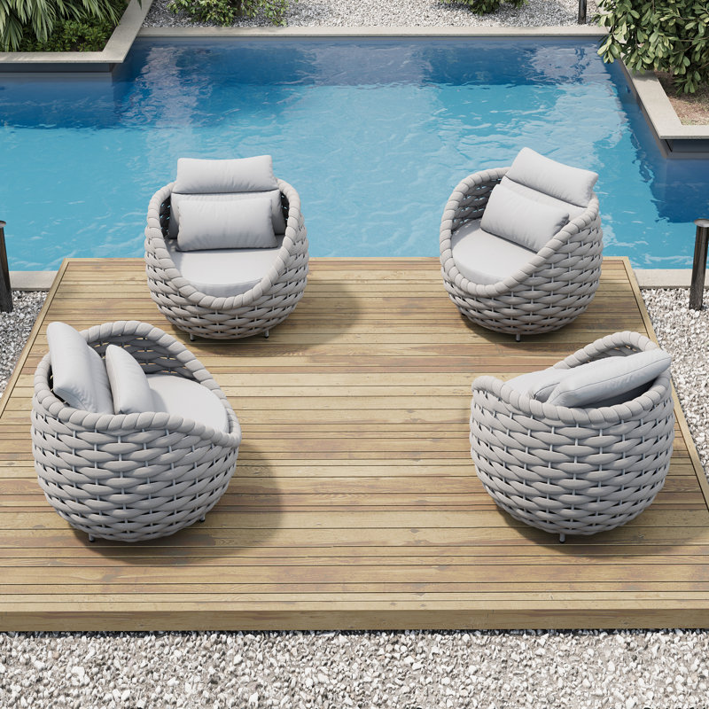 Wicker Outdoor Patio Chair with Cushions and Accent Pillow (Set of 4), Light Gray, Light Gray Textilene Rope