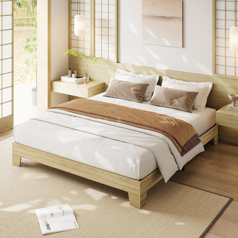 Platform Bed Frame with Wood & Metal Slats, 10.2" Underbed Storage, Easy Assembly,, Tan, Queen